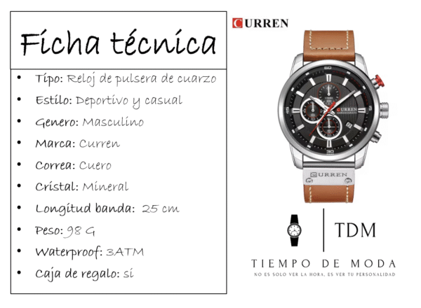 Reloj Hombre Correa Cuero Marca Curren Cronógrafo - Imagen 2