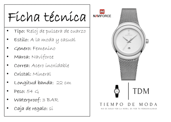 Reloj Mujer Malla Plateada NaviForce - Imagen 2