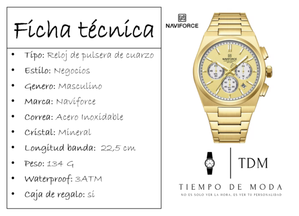 Reloj Cronografo Dorado NaviForce Hombre - Imagen 2