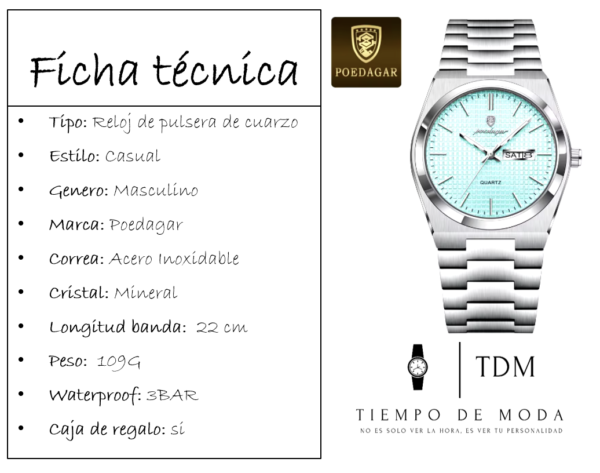 Reloj Hombre Poedagar Color Tiffany Acero Inoxidable - Imagen 2