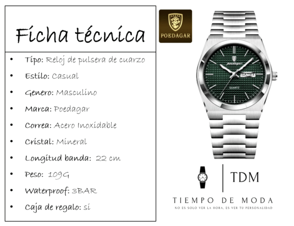 Reloj de Acero Inoxidable Verde Marca Poedagar - Imagen 2