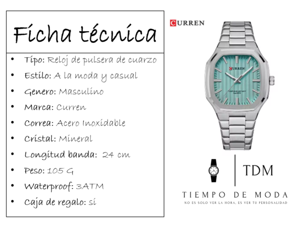 Reloj Hombre Curren Acero Inoxidable Color Tiffany - Imagen 2